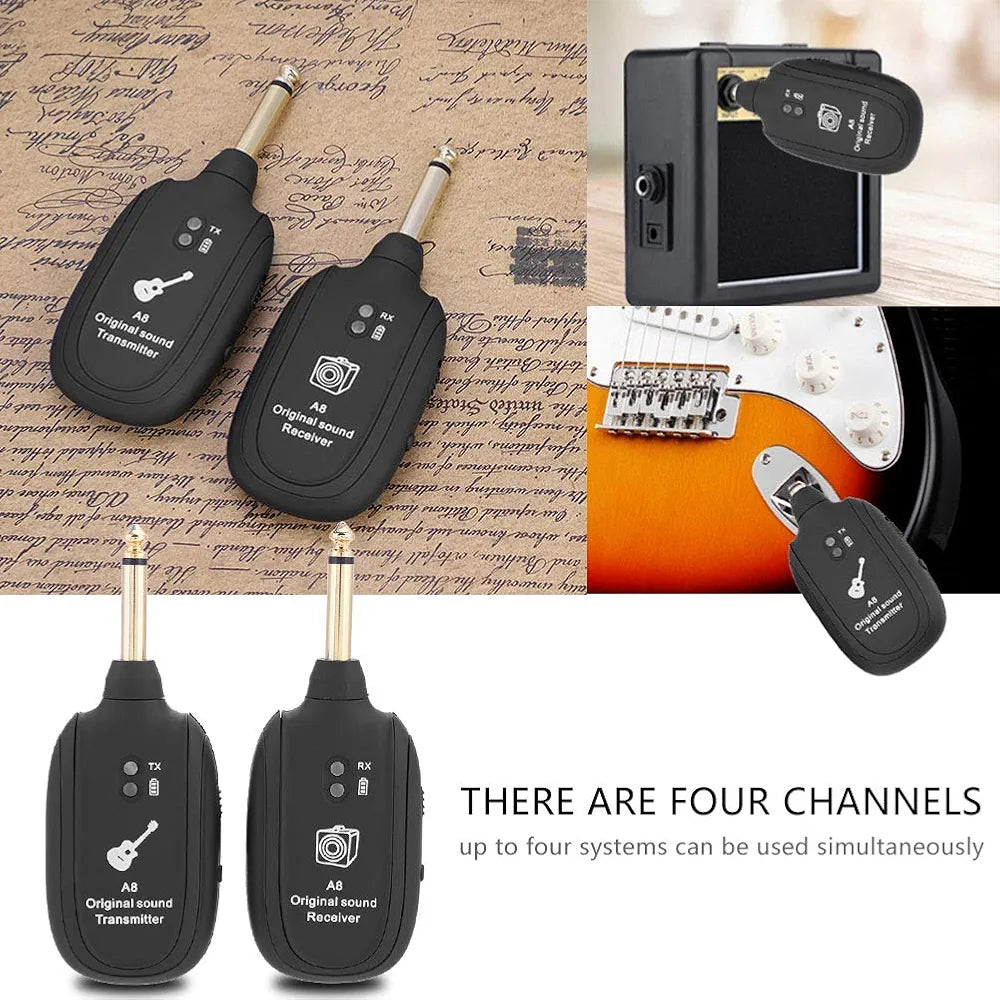 Guitar System Transmitter Receiver 4 Channel 730 MHz 50m Range for Electric Guitar Bass Violin USB Charging