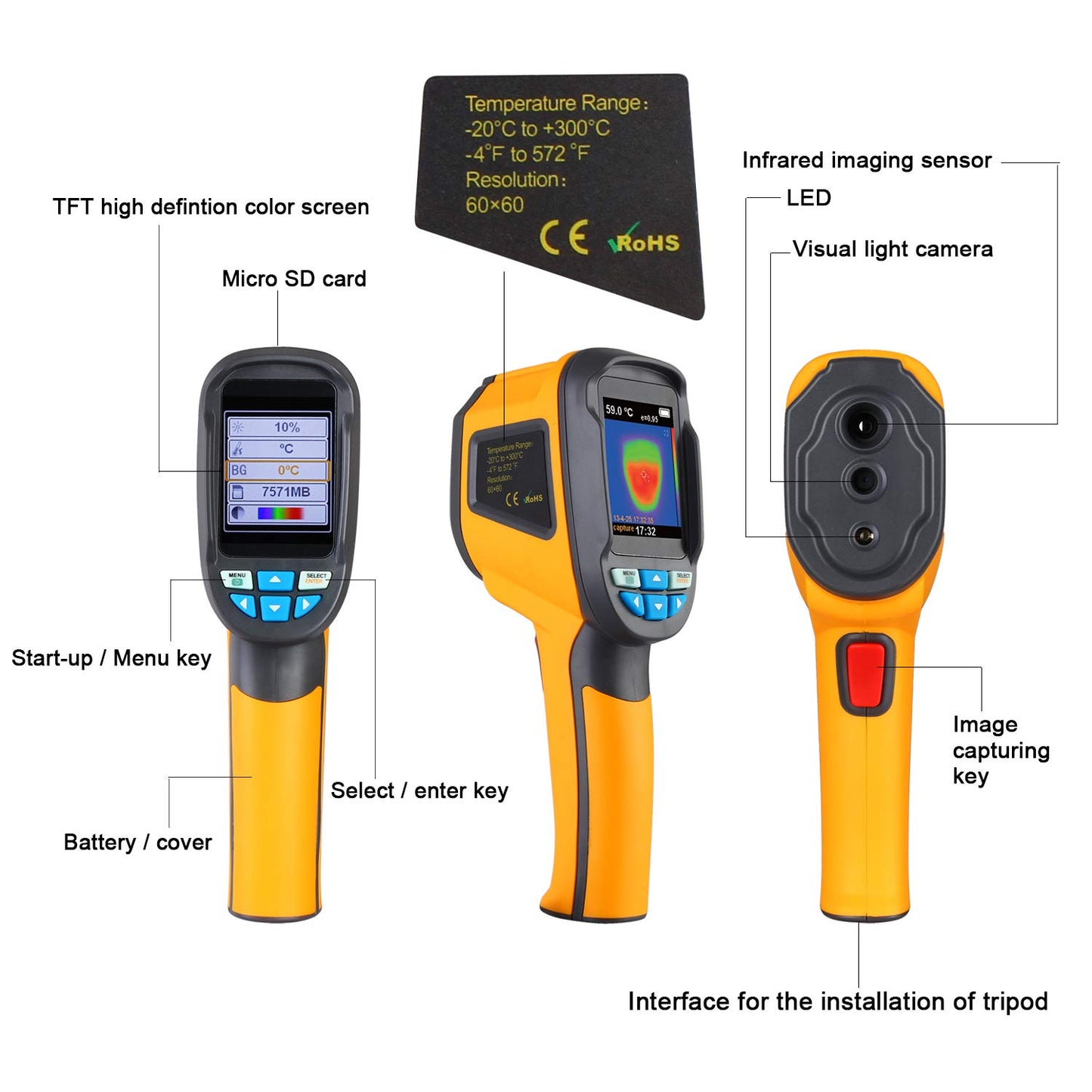 Infrared (IR) Thermal Imager & Visible Light Camera with IR Resolution 1024 Pixels & Temperature Range from -4~572°F, 6Hz Refresh Rate, Black