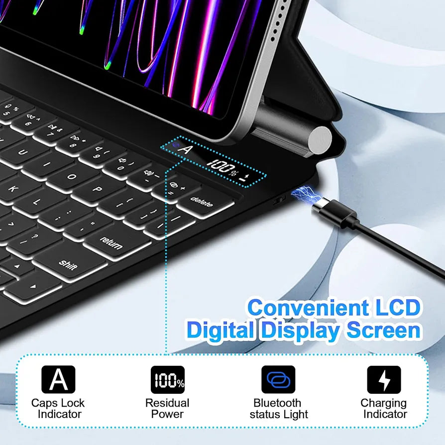 Magnetic Keyboard Case for iPad Air 13 inch 2024 M2,iPad Pro 12.9 inch (6th/5th/4th/3rd) Gen(2018-2022),Click-Anywhere Trackpad with LCD Display & 7 Color Backlit Bluetooth Keyboard -Black