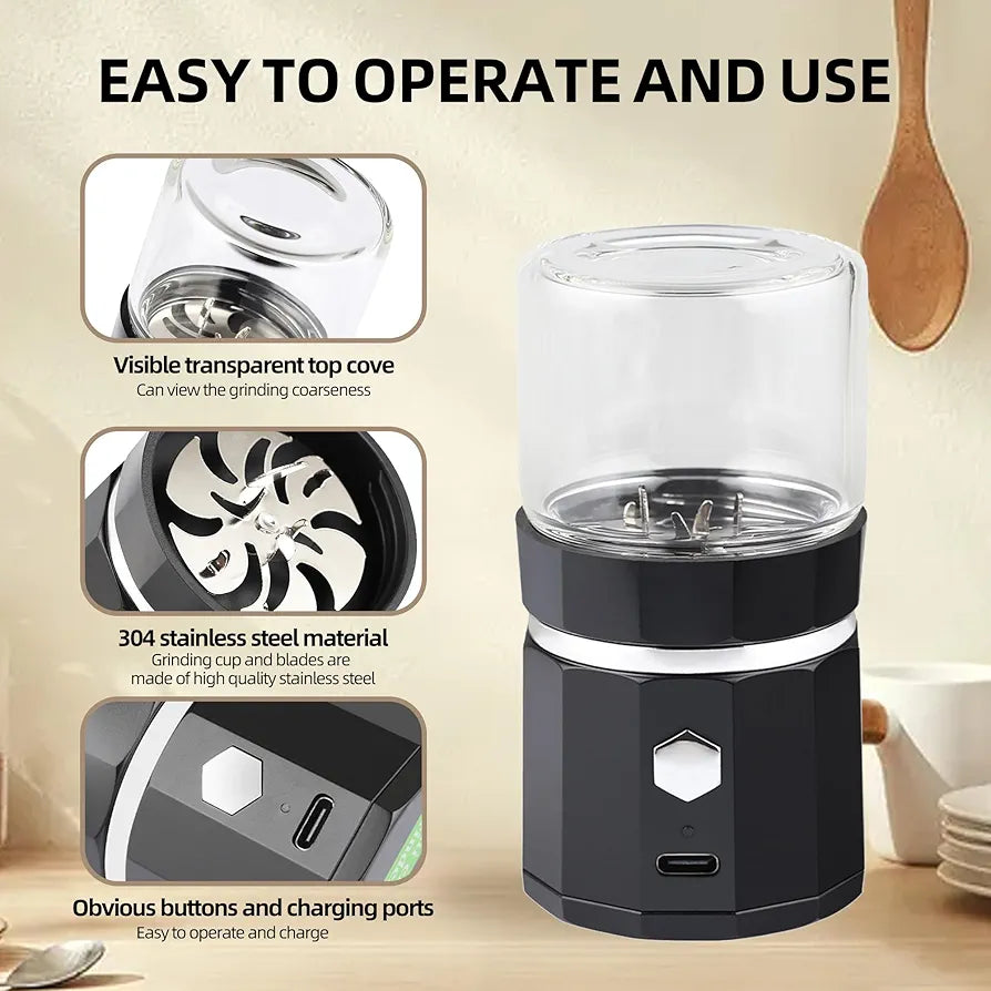 Electric Grinder spice grinder Herb Grinder - Compact and Efficient with USB Rechargeable Battery - 1.7oz Glass Spice Chamber - Premium Quality