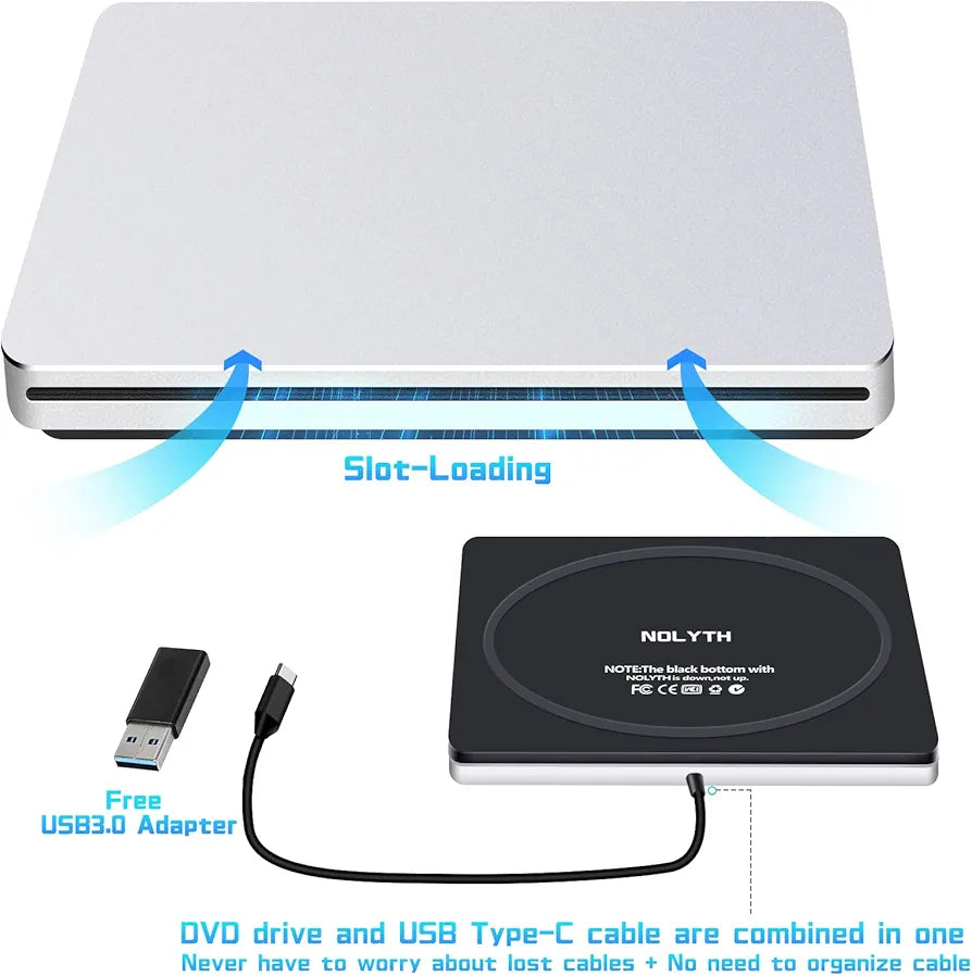 NOLYTH CD ROM External Drive DVD Player for Laptop, Slot-in CD DVD Drive External for Mac, USB C SuperDrive for Apple, Portable CD Burner Optical Disc Reader Drive for PC Computer Windows MacBook