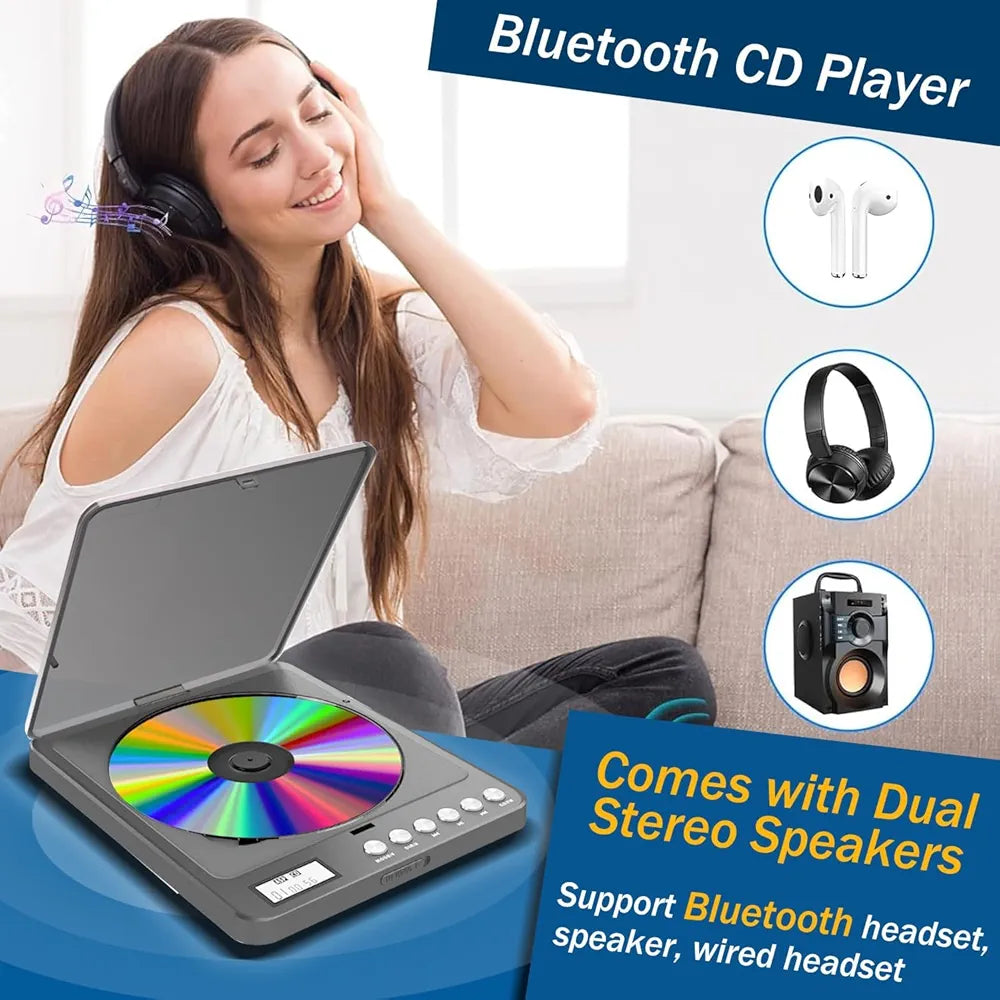 Bluetooth Portable CD Player with Built-in Speakers, 2000mAh Rechargeable Bluetooth CD Players Portable 3.5mm Double Headphone Jack, Discman Personal CD Player for Car Home Travel