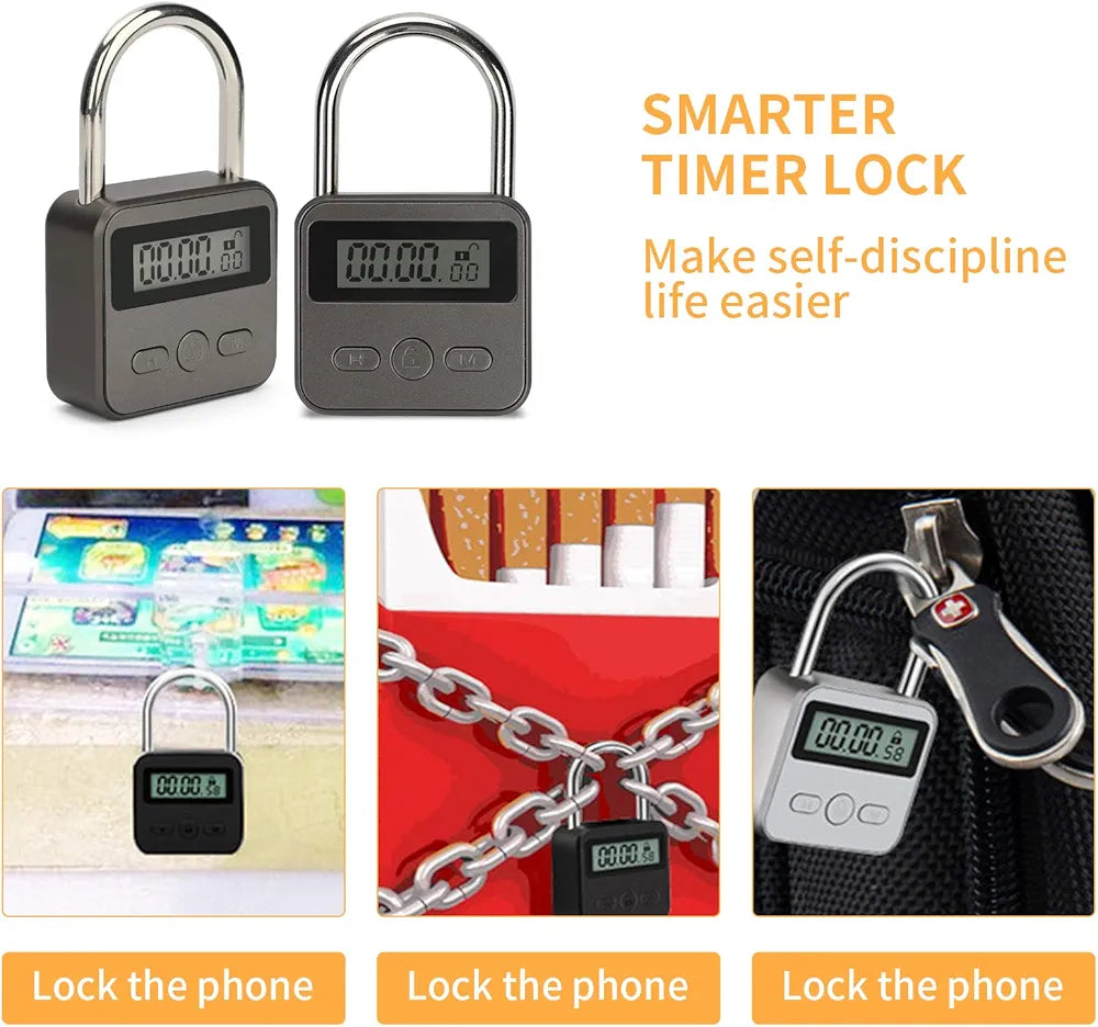 Ideashop Smart Time Lock 99 Hours Max Timing Lock with LCD Display USB Rechargeable Security Padlock Heavy Duty Metal Electronic Timer Lock