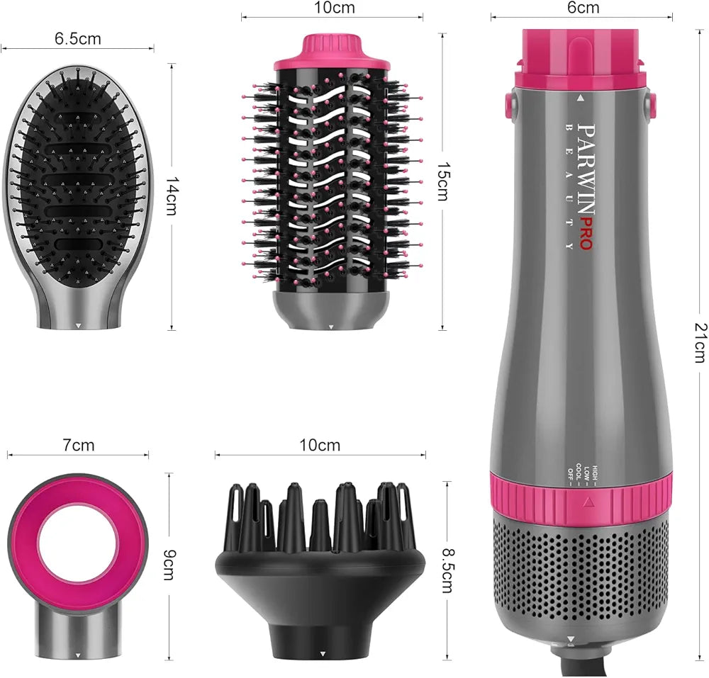 PARWIN PRO BEAUTY Hair Dryer 4 in 1 Brush with 4 Accessories, for Drying, Smoothing, Volumising and Styling, Ionic Hair Dryer Brush