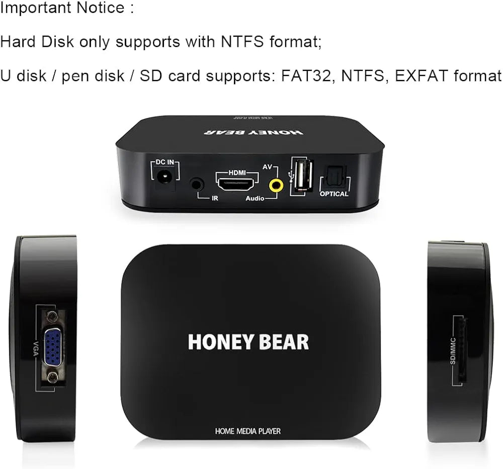 Honey Bear Full HD 1080P Media Player TV BOX For 2TB External Hard Drive, HDMI , AV ,USB, VGA, SD/MMC Port