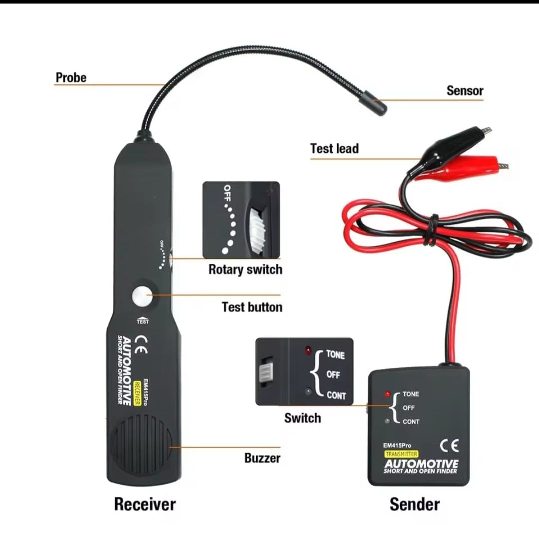 Circuit tester Detect intermittent circuit issues by flexing wires and listening for tone changes on the receiver