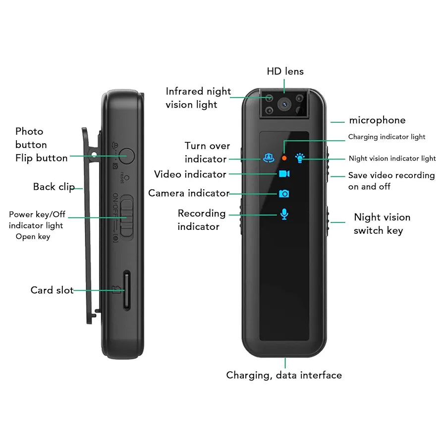 Wearable Body Camera, Mini Video Recorder with Night Vision, 1080P 180° Rotatable Lens Portable Video Camera for Walking Riding Outdoor Home