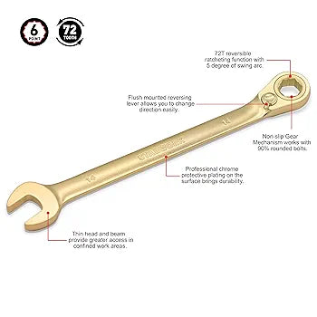 Offset Vintage 12 Pc. 6-Point Metric 15° G-Plating Reversible Non-Slip Long Pattern Ratcheting Combination Wrench Set (8-19 mm)