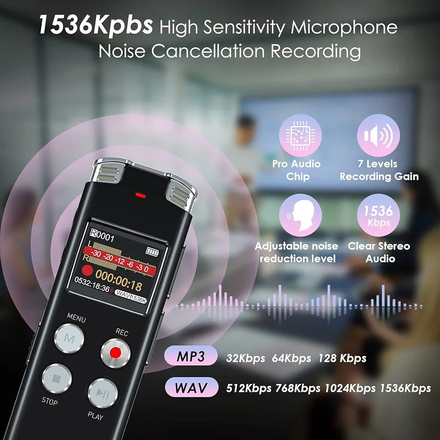 Digital Voice Recorder 128 Gb with Playback: Voice Activated Recorder for Lectures Meetings Interviews - EVISTR Dictaphone Recording Device Tape Recorder Portable Mini, Audio Recorder with USB, MP3