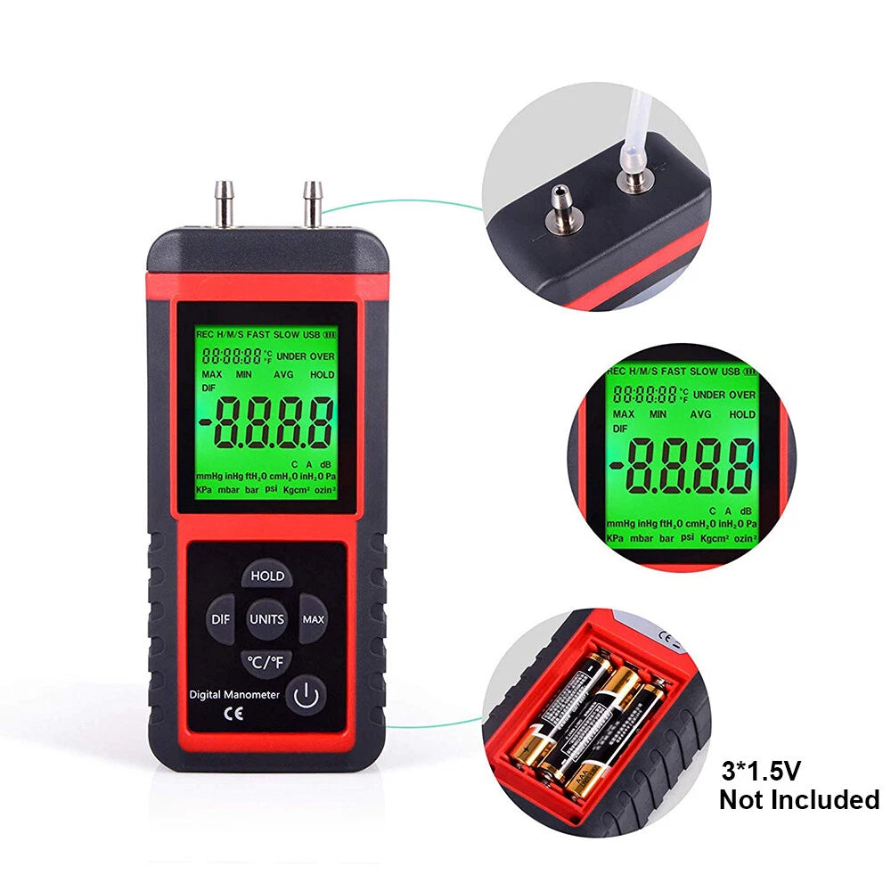 LCD Digital Manometer Differential Pressure Gauge Gas Air Pressure Meter 12 Unit