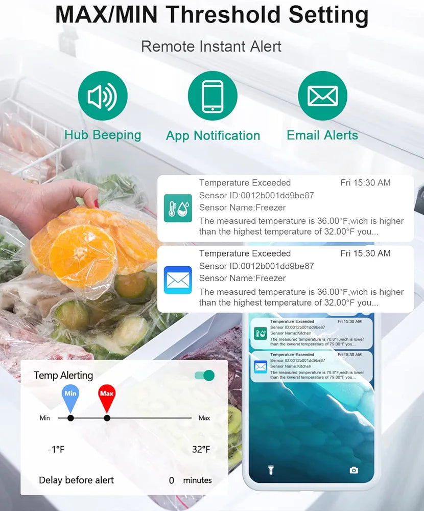 WiFi Thermometer Freezer Alarm, Email Alert, App Notification, Data Record Export, No Subscription Fee, 2 Remote Wireless Temperature Sensors for Refrigerator, Freezer, Hot Tub