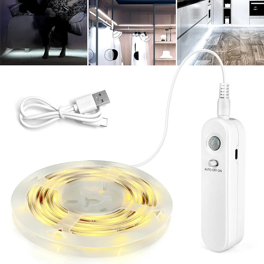 Enteenly 2M Rechargeable Motion Sensor LED Strip Lights, Warm White IP54 Waterproof Lights Strips 5V, Light Kitchen Under Cabinet, 2700K 120 LEDs for Stair, Wardrobe, Shelf (OYA-SY001)