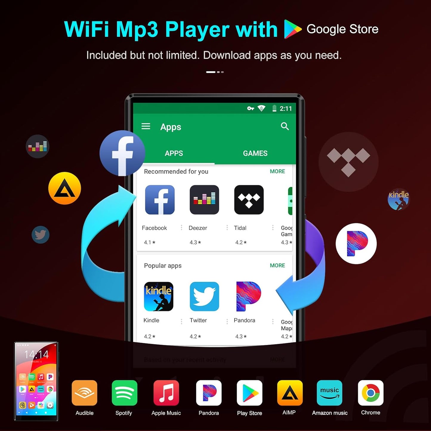 MP3 Player with Bluetooth and WiFi, Oilsky 80GB Music Player with Spotify Kids, Amazon Music, 1080P Android MP4 Player with Apps, Pandora, Audible, App, FM Radio, up to 512GB Black