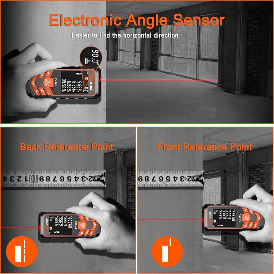 Laser Measure 40M LOMVUM Laser Tape Measure Laser Measurement Tool with M/in/Ft Unit Switching, Backlit LCD, Pythagorean Mode, Measure Distance, Area and Volume - Carry Pouch and Battery Included