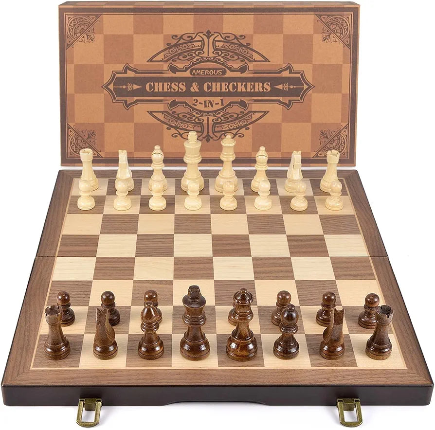 AMEROUS Magnetic Wooden Chess and Checkers Game Set, 15 Inches (2 in 1) Chess Board Games, 2 Extra Queens - Gift Package - Game Pieces Storage Slots