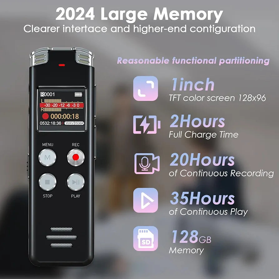 Digital Voice Recorder 128 Gb with Playback: Voice Activated Recorder for Lectures Meetings Interviews - EVISTR Dictaphone Recording Device Tape Recorder Portable Mini, Audio Recorder with USB, MP3