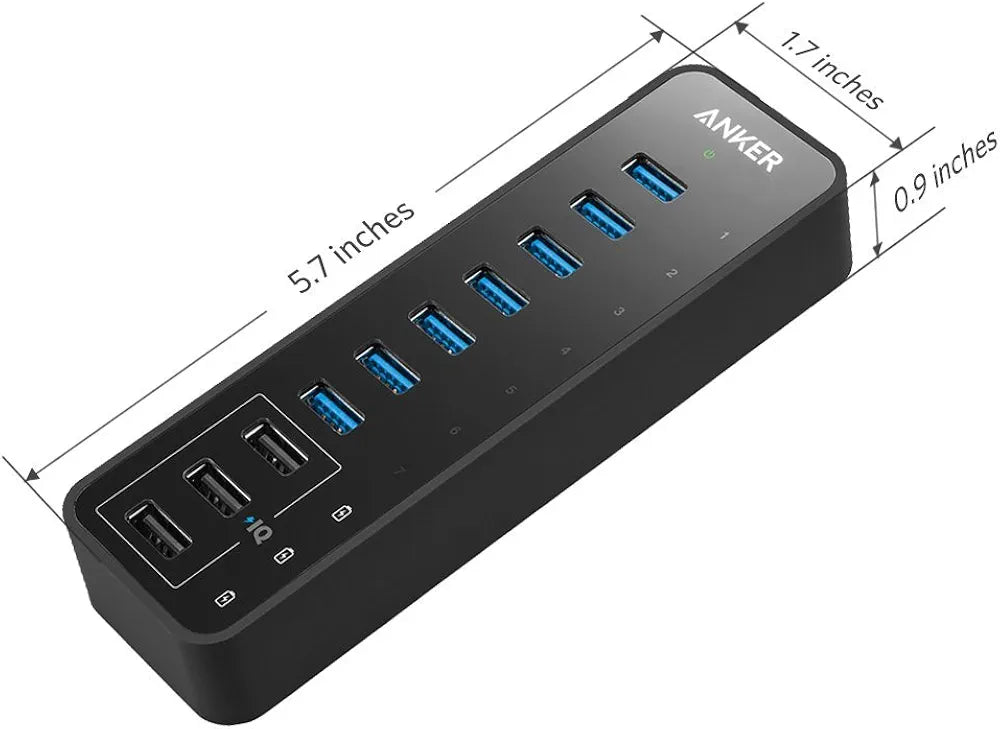 Anker USB Hub, USB 3.0 Hub, 10 Port 60W Data Hub, with 7 USB 3.0 Ports, 3 PowerIQ Charging Ports, Compatible with MacBook, iMac, Dell XPS, Surface Pro, iPhone, iPad Air, Galaxy Series, Mobile HDD
