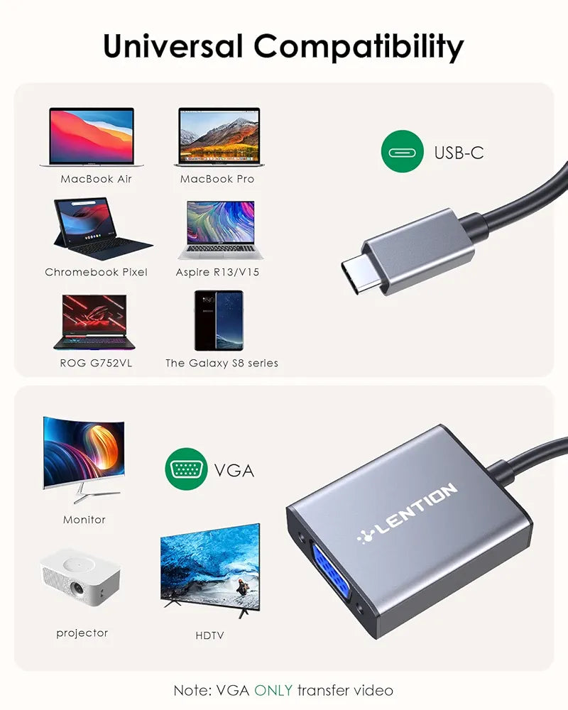 LENTION USB C to VGA Cable Adapter, Type C to VGA Monitor Converter Compatible 2021-2016 MacBook Pro 13/15/16, New Mac Air/Surface, MacBook 12, More, Stable Driver Certified (CB-1080VGA, Space Gray)