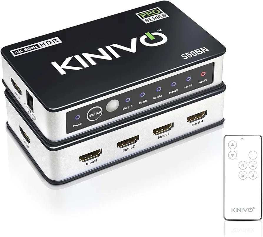 Kinivo HDMI Switch 4K HDR 550BN (5 in 1 Out, 4K 60Hz HDR, HDMI 2.0, High Speed 18Gbps, IR Remote, HDCP) - Compatible with Roku, PS5, Xbox, Apple TV, Nintendo Switch, Cable Box