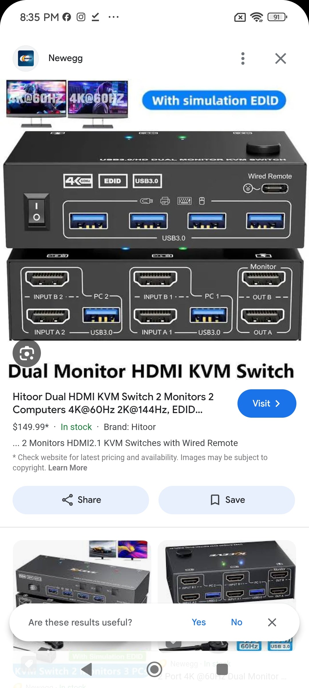 USB 3.0 HDMI KVM Switch 2 Monitors 2 Computers 4K@60Hz 2K@144Hz, EDID Emulator, Camgeet Dual Monitor KVM Switch for 2 Computers Share 2 Displays and 4 USB 3.0 Ports,Wired Remote and Cables Included