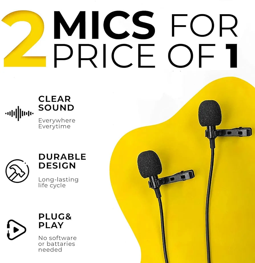 Dual Lavalier Microphone - Wired Lav Mic Lapel Microphone Set for Camera, DSLR, Smartphone, and PC - Professional Audio Recording with Clip-On Design and 3.5mm TRRS Connector