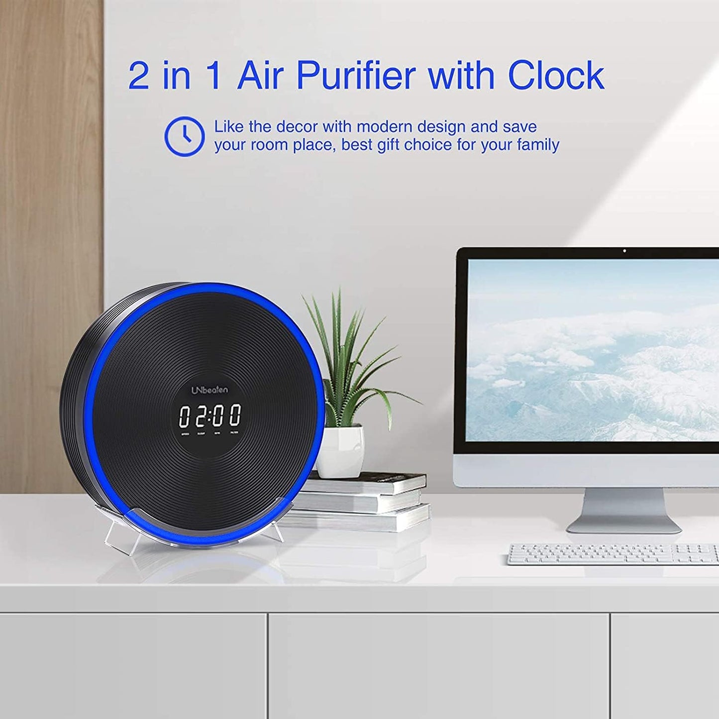UNbeaten Air Purifiers for Home Bedroom with H13 True HEPA Filters, Clock with Night Light, Space up to 200 Sq Ft, Reduce Dust Wildfire Smoke Pollen Pet Dander for Office, 23dB, Ferris 360 Black
