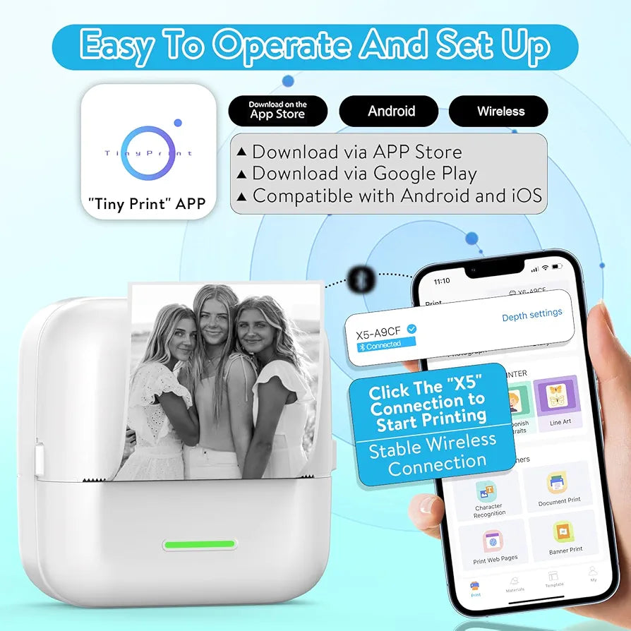 HuiJuKeJi Mini Sticker Printer Bluetooth Smart Pocket Inkless Thermal Printer with 11 Rolls Thermal Paper and Sticker for iOS&Android Print Pod, Portable Receipt Printer for Photo Journal Notes Memo