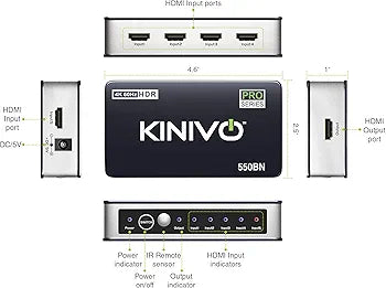 Kinivo HDMI Switch 4K HDR 550BN (5 in 1 Out, 4K 60Hz HDR, HDMI 2.0, High Speed 18Gbps, IR Remote, HDCP) - Compatible with Roku, PS5, Xbox, Apple TV, Nintendo Switch, Cable Box