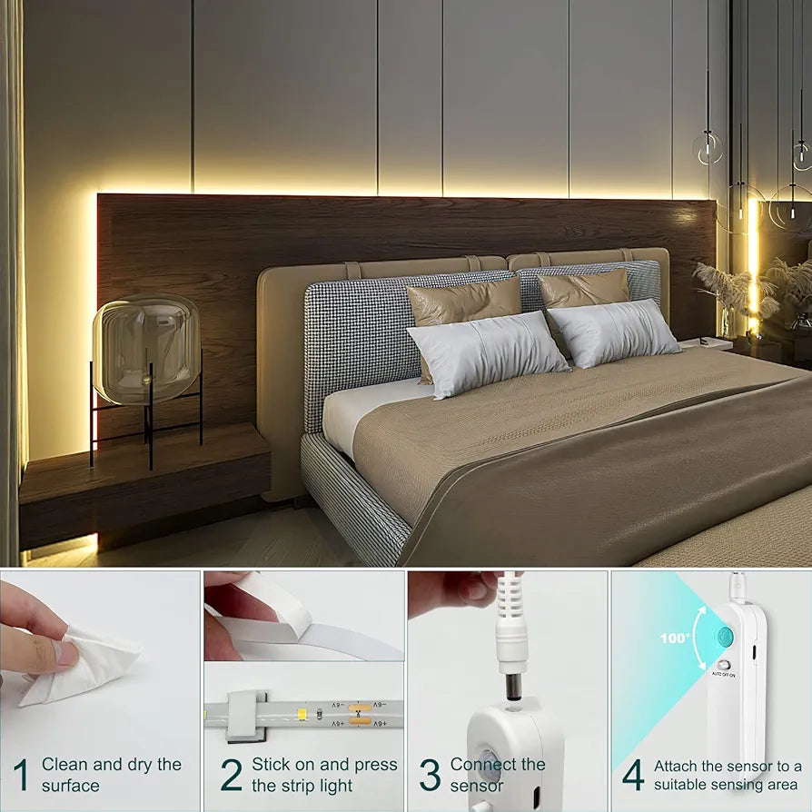 Enteenly 2M Rechargeable Motion Sensor LED Strip Lights, Warm White IP54 Waterproof Lights Strips 5V, Light Kitchen Under Cabinet, 2700K 120 LEDs for Stair, Wardrobe, Shelf (OYA-SY001)