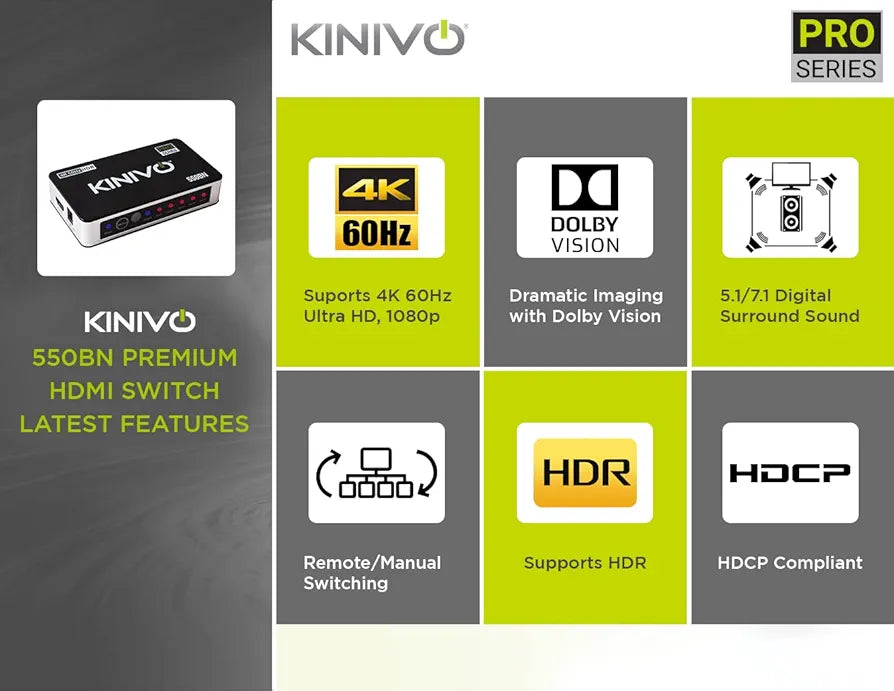 Kinivo HDMI Switch 4K HDR 550BN (5 in 1 Out, 4K 60Hz HDR, HDMI 2.0, High Speed 18Gbps, IR Remote, HDCP) - Compatible with Roku, PS5, Xbox, Apple TV, Nintendo Switch, Cable Box