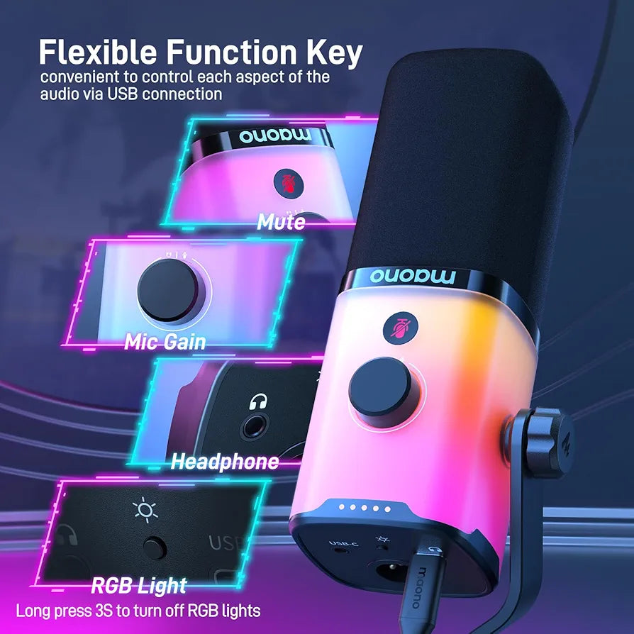 MAONO XLR USB Gaming Microphone: Dynamic RGB PC Microphone with Software for Streaming Podcast Vocal Recording Computer Mic with Noise Cancellation, Mute Button, Gain Knob, Desktop Stand PD100X RGB