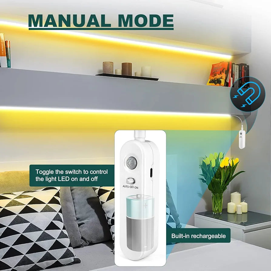 Enteenly 2M Rechargeable Motion Sensor LED Strip Lights, Warm White IP54 Waterproof Lights Strips 5V, Light Kitchen Under Cabinet, 2700K 120 LEDs for Stair, Wardrobe, Shelf (OYA-SY001)