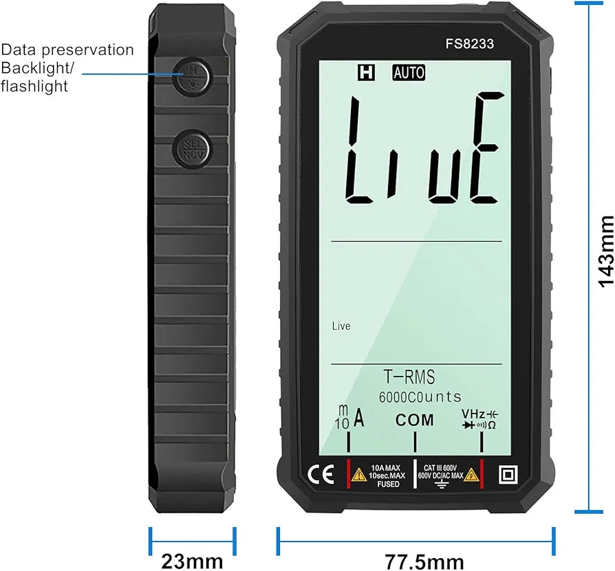 LCD Digital Multimeter 4.7 Inch TRMS 6000 Counts Voltmeter Auto-Ranging Fast Measures Voltage Current Amp Resistance Diodes Continuity Duty-Cycle Capacitance Temperature for Automotive