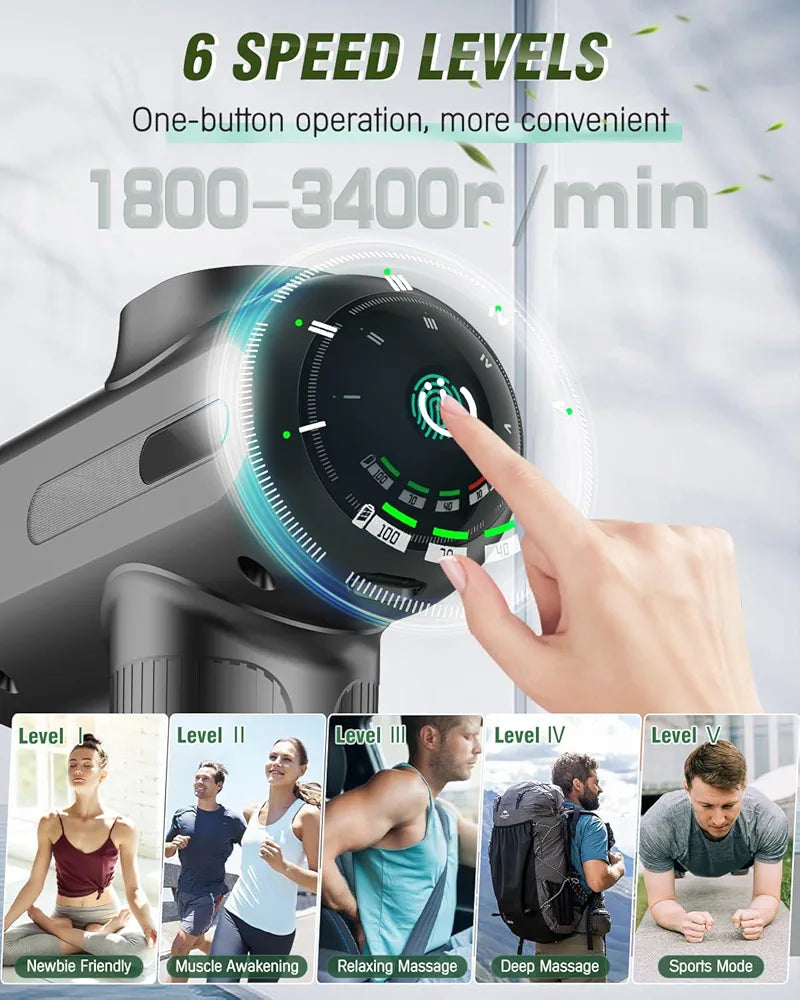 Massage Gun, Muscle Massage Gun Deep Tissue, Percussion Muscle Massager with 6 Massage Heads, Type-C Electric Handheld Body Massager for Muscle Pain Relief & Recovery
