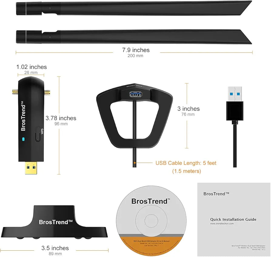 BrosTrend 1200Mbps Long Range USB WiFi Adapter for PC Desktop Laptop of Windows 11/10/8.1/8/7, Wireless Adapter Dual Band 2.4GHz 300Mbps + 5GHz 867Mbps
