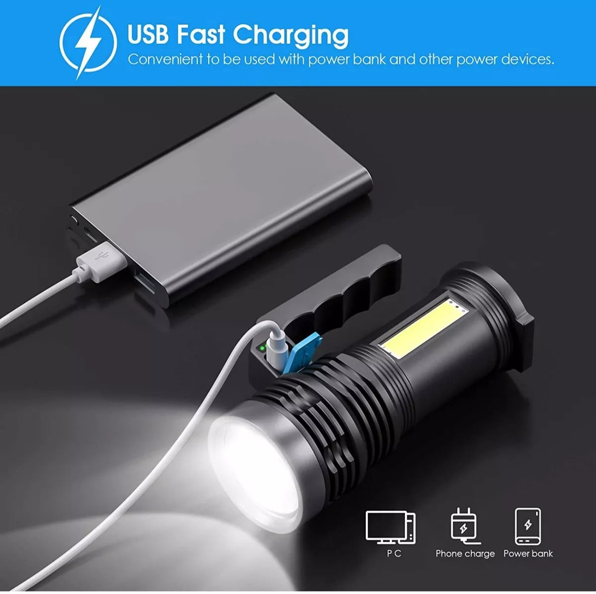 LED Torch USB Rechargeable, Super Bright Lantern Light with Handle and COB