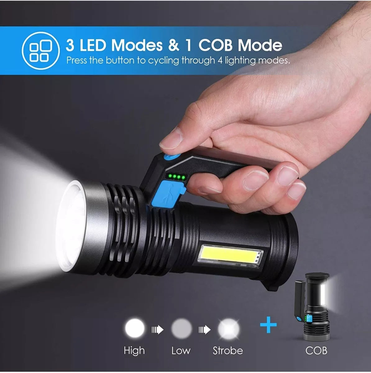 LED Torch USB Rechargeable, Super Bright Lantern Light with Handle and COB
