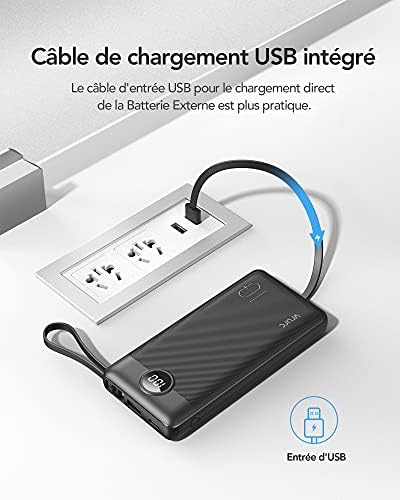 VRURC External Battery 10000 mAh Integrated Power Bank USB C 2.4 A and 5 Outputs Ultra Thin Portable Battery with LED Screen for iPhone Huawei Samsung (Black)