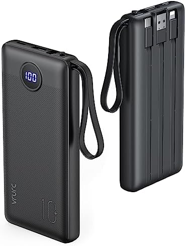 VRURC External Battery 10000 mAh Integrated Power Bank USB C 2.4 A and 5 Outputs Ultra Thin Portable Battery with LED Screen for iPhone Huawei Samsung (Black)