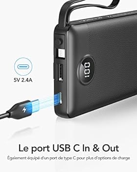 VRURC External Battery 10000 mAh Integrated Power Bank USB C 2.4 A and 5 Outputs Ultra Thin Portable Battery with LED Screen for iPhone Huawei Samsung (Black)