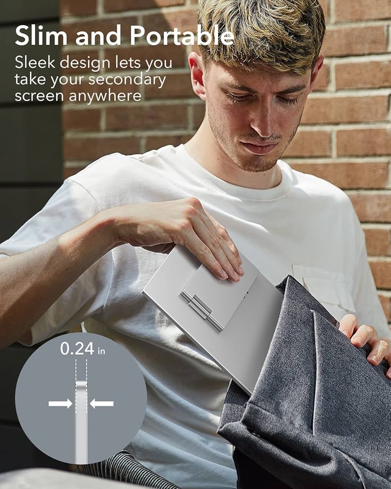ESR Portable Kickstand Monitor for Laptops, Ultra-Slim 15.6 Inch 1080P External Display with Adjustable Angle, Travel Monitor, Landscape and Portrait View for Laptop/Mac/Tablet/Phone/Switch, Silver