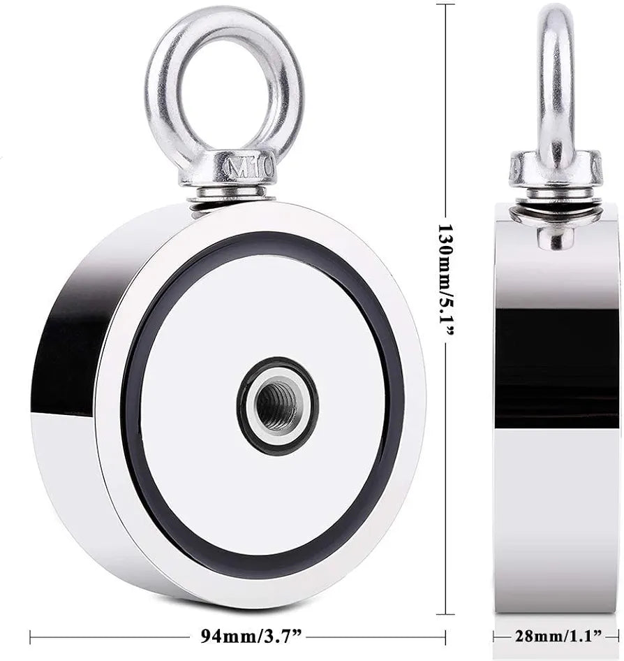 Magnetic Fishing Set 770 kg Double-Sided Eyelet Magnet with Rope 20 m Carabiner Search Anchor Gloves Diameter 94 mm