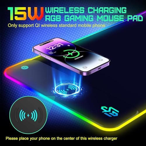 GIM Wireless Charging RGB Gaming Mouse Pad 15W, LED Mouse Mat 800x300x4MM, 10 Light Modes Extra Large Mousepad Non-Slip Rubber Base Computer Keyboard Mat for Gaming, MacBook, PC, Laptop, Desk