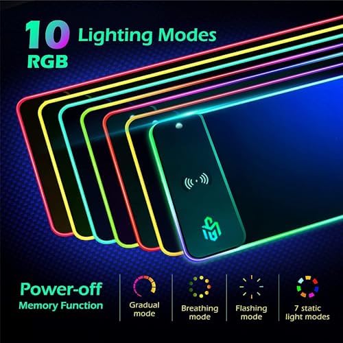 GIM Wireless Charging RGB Gaming Mouse Pad 15W, LED Mouse Mat 800x300x4MM, 10 Light Modes Extra Large Mousepad Non-Slip Rubber Base Computer Keyboard Mat for Gaming, MacBook, PC, Laptop, Desk