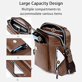 Men Shoulder Bag PU Leather Wear-resisting Zipper Messenger Bag Crossbody Bag for Business and Casual - Large Size (Brown)