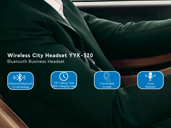 Business BT-YYK-520 Bluetooth 5.0 Headset with Mic, Wireless Ear-Hook Earphone, Mono Boom Mic, Hands-Free Noise-Cancelling, 500mAh Charging Case, Universal Fit,