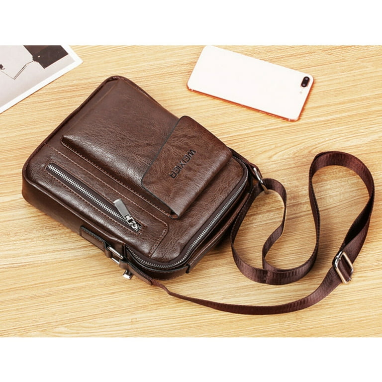 Men Shoulder Bag PU Leather Wear-resisting Zipper Messenger Bag Crossbody Bag for Business and Casual - Large Size (Brown)