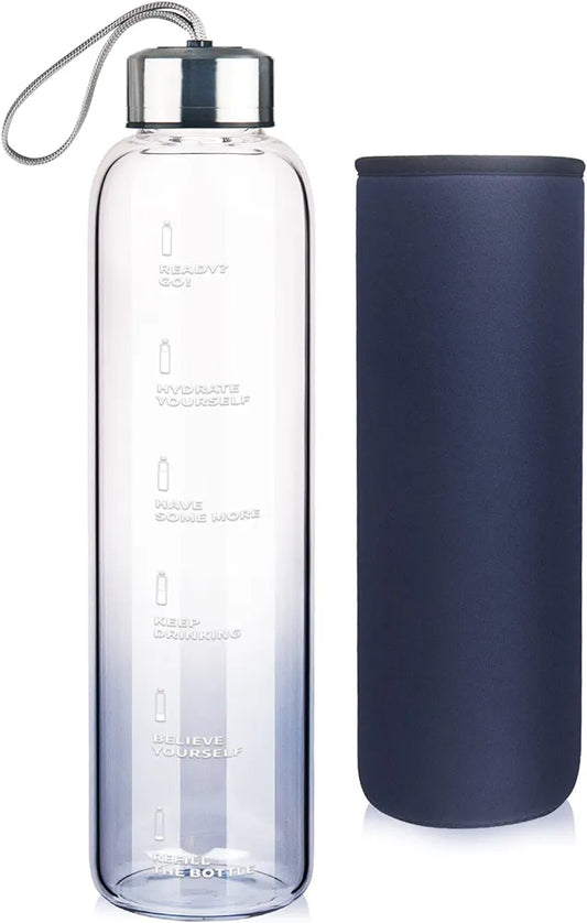 SHBRIFA Borosilicate Glass Water Bottle 32oz, BPA Free Glass Drinking Bottle with Neoprene Sleeve and Leak-Proof Stainless Steel Lid