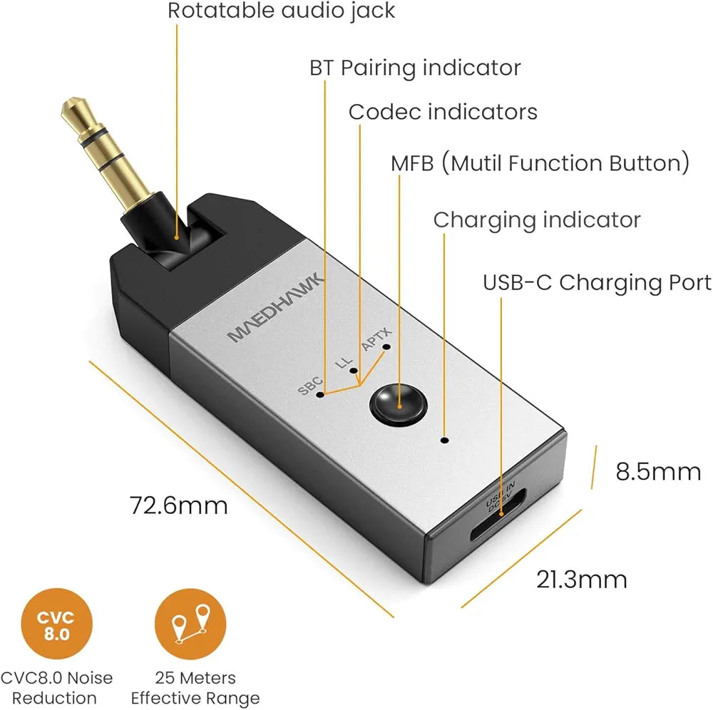 Bluetooth 3.5mm MaedHawk Wireless Bluetooth Aux Adapter with 180° Rotatable Audio for TV PC Switch PSP PS5 XBOX MP4 etc. Pair with BT Headphones Speakers