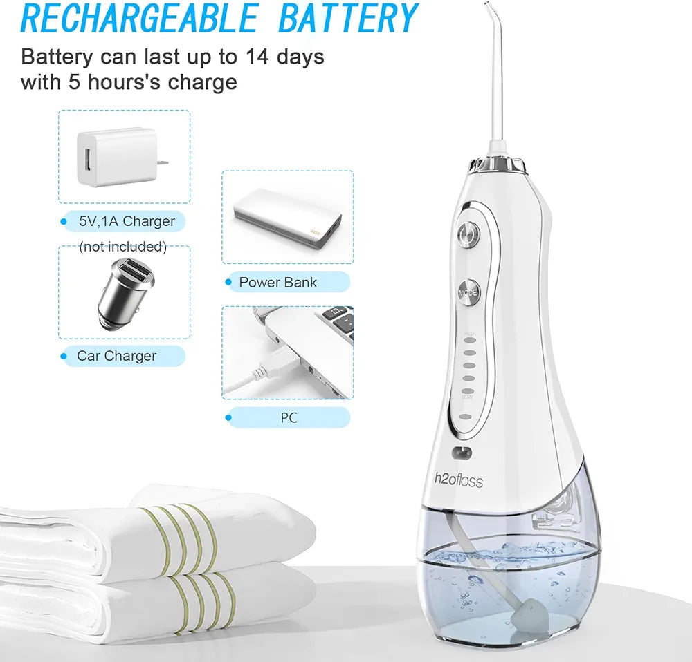 H2ofloss Water Flosser Professional Cordless Dental Oral Irrigator - Portable and Rechargeable IPX7 Waterproof Water Flossing for Teeth Cleaning,300ml Reservoir Home and Travel (HF-6)